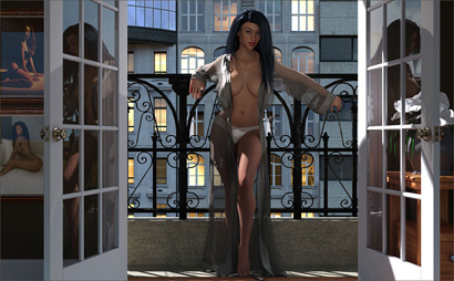 Woman Half-Dressed on Balcony
